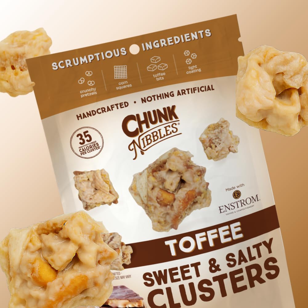 Chunk Nibbles Toffee Snack Clusters - Buttery Milk Chocolate Toffee with Pretzels & Corn Squares - Award-Winning Gourmet Treat, Small Batch