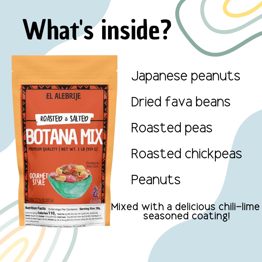 Alebrixes - Botana Mix 8 Oz (227 g) - Crunchy & Delicious Botana Mix Japanese Peanut, Roasted Fava Bean, Green Pea, Peanuts Whit Chili Lime Adobo