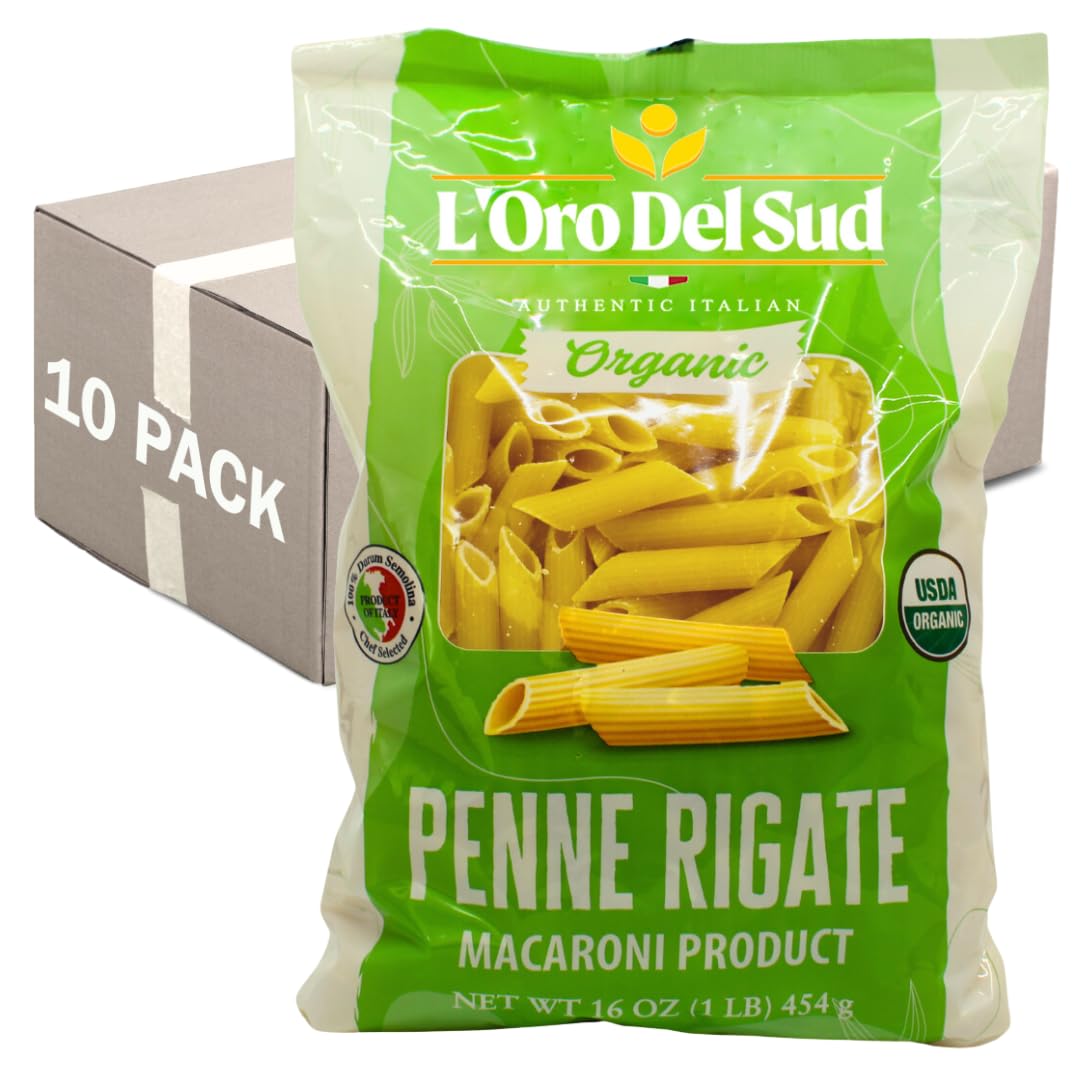 Organic Penne Rigate, 100% Durum Wheat, Italian Pasta, Premium Quality Product of Italy (10 pack x 16 Oz) Non GMO, Vegan, Kosher Certified by L'Oro