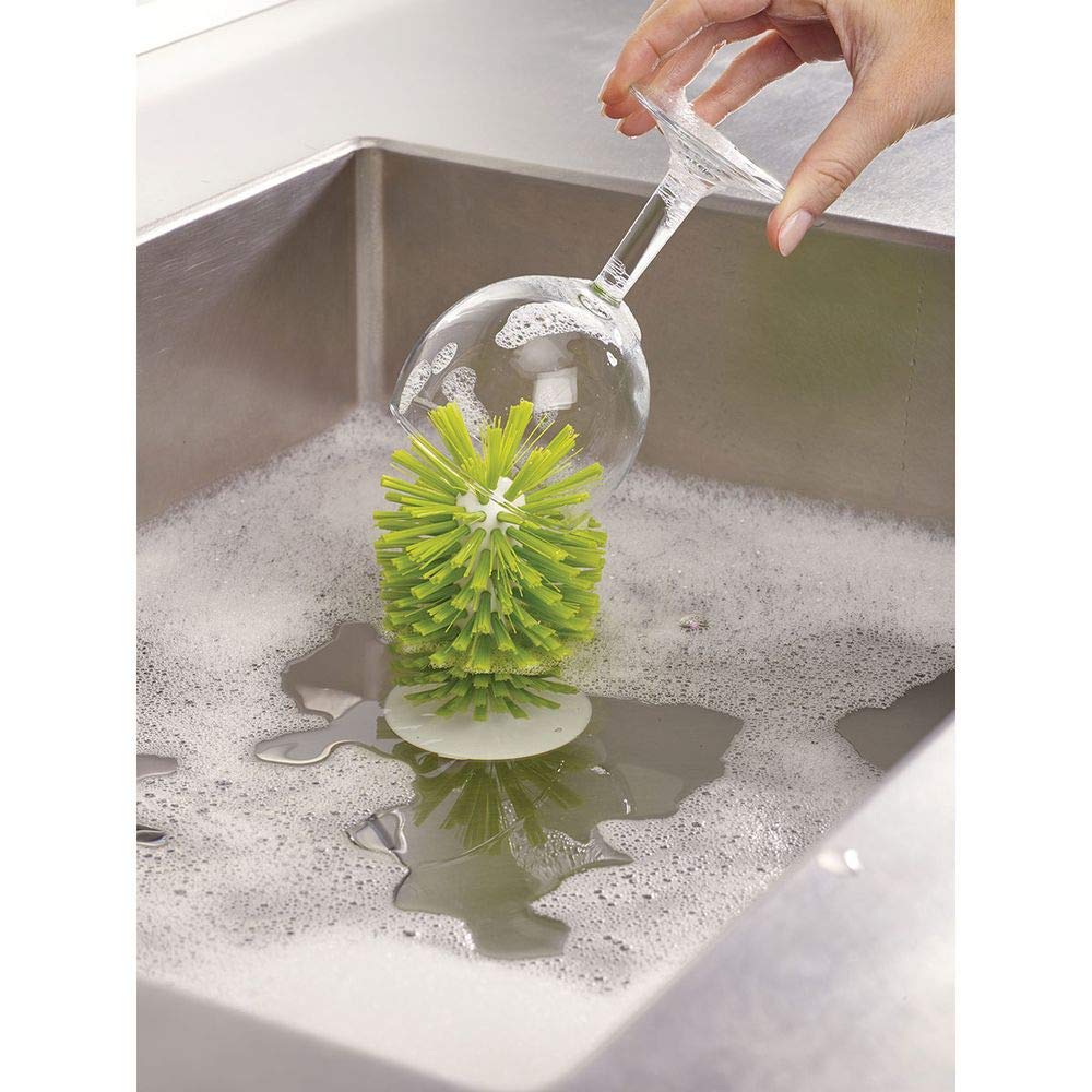Joseph Joseph 85103 Brush-Up Glass Brush with Suction Cup Upright Stays in Sink Bristle Scrub Kitchen Bottle Cleaning Washing, Green