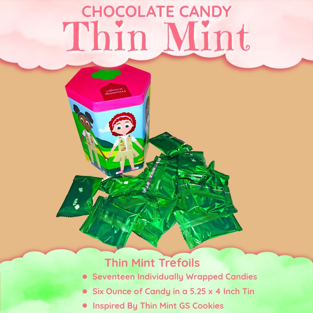 Thin Mint Trefoils 6oz Milk Chocolate Candies - GS Cookie Inspired - 17 Individually Wrapped Mint Chocolate Candy Packaged In Reusable GS Keepsake Tin