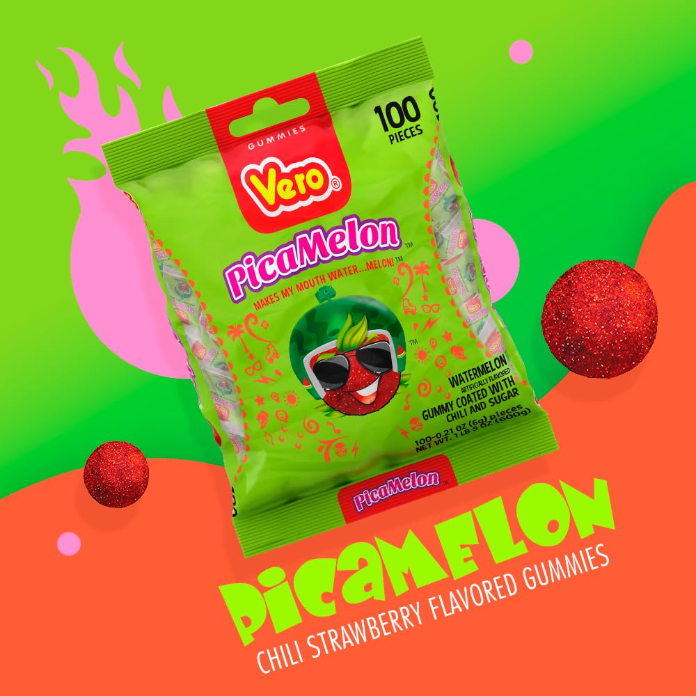 Vero Picamelon - Watermelon Flavored Chewy Gummy Treats Coated in Chili Powder 100 Pieces (Net Wt. 1 Lb, 5,15 Ounces) - Individually Wrapped Mexican