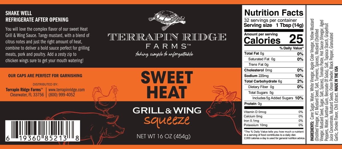 Terrapin Ridge Farms Sweet Heat Grill and Wing Squeeze - Tangy Mustard Citrus Sauce for BBQ, Pork, Poultry, and Wings - 16 Ounce - 1 Count