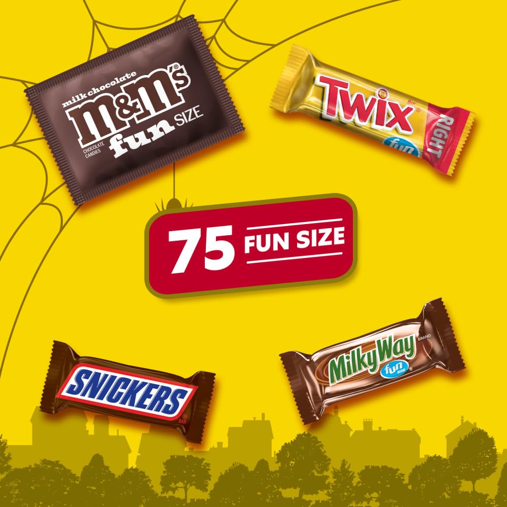 Mars Snickers, M&M'S Milk Chocolate, Milky Way & Twix Fun Size Chocolate Candy Variety Pack, 75 Ct Bulk Bag (2.73 Pounds)