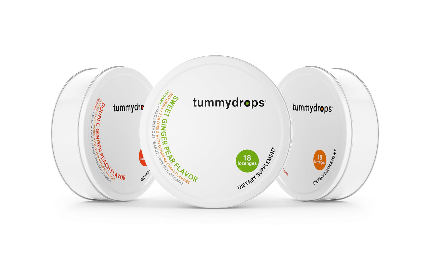 Tummydrops Organic Ginger Goodness Pack (1 tin each Spicy Ginger, Sweet Ginger Pear, & Double Ginger Peach). Gluten Free & Vegan. 54 Individually