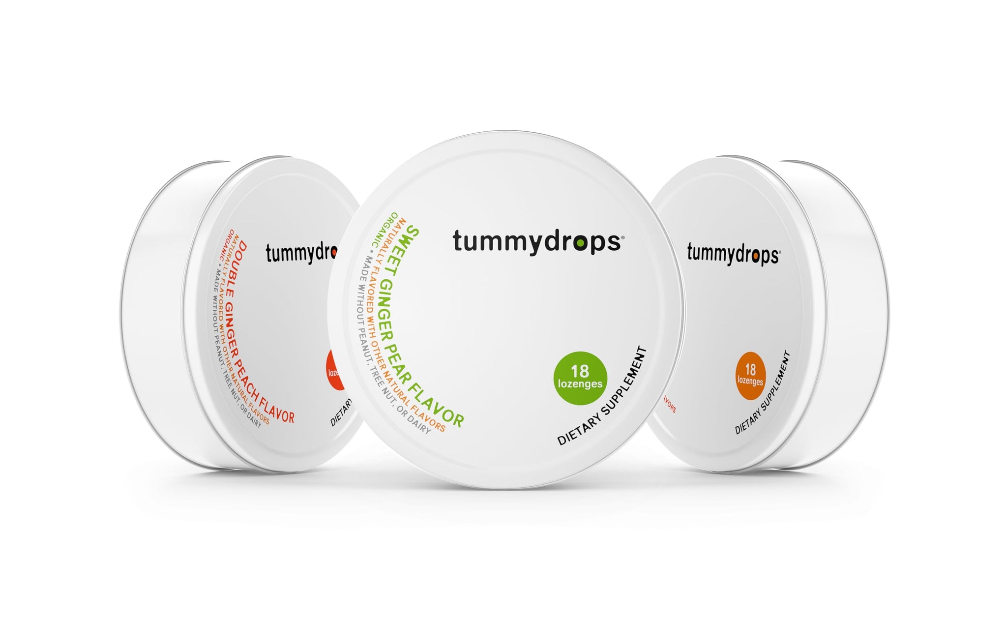 Tummydrops Organic Ginger Goodness Pack (1 tin each Spicy Ginger, Sweet Ginger Pear, & Double Ginger Peach). Gluten Free & Vegan. 54 Individually