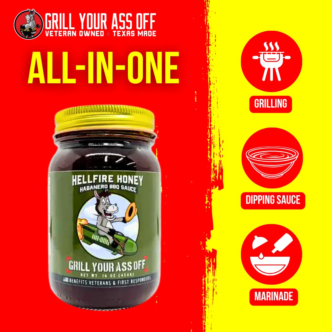 Grill Your As* Off Hellfire Honey Habanero BBQ Sauce - 16oz Sweet & Spicy Explosive Flavor Barbecue Sauce for Beef, Steak, Pork & Chicken - Gourmet