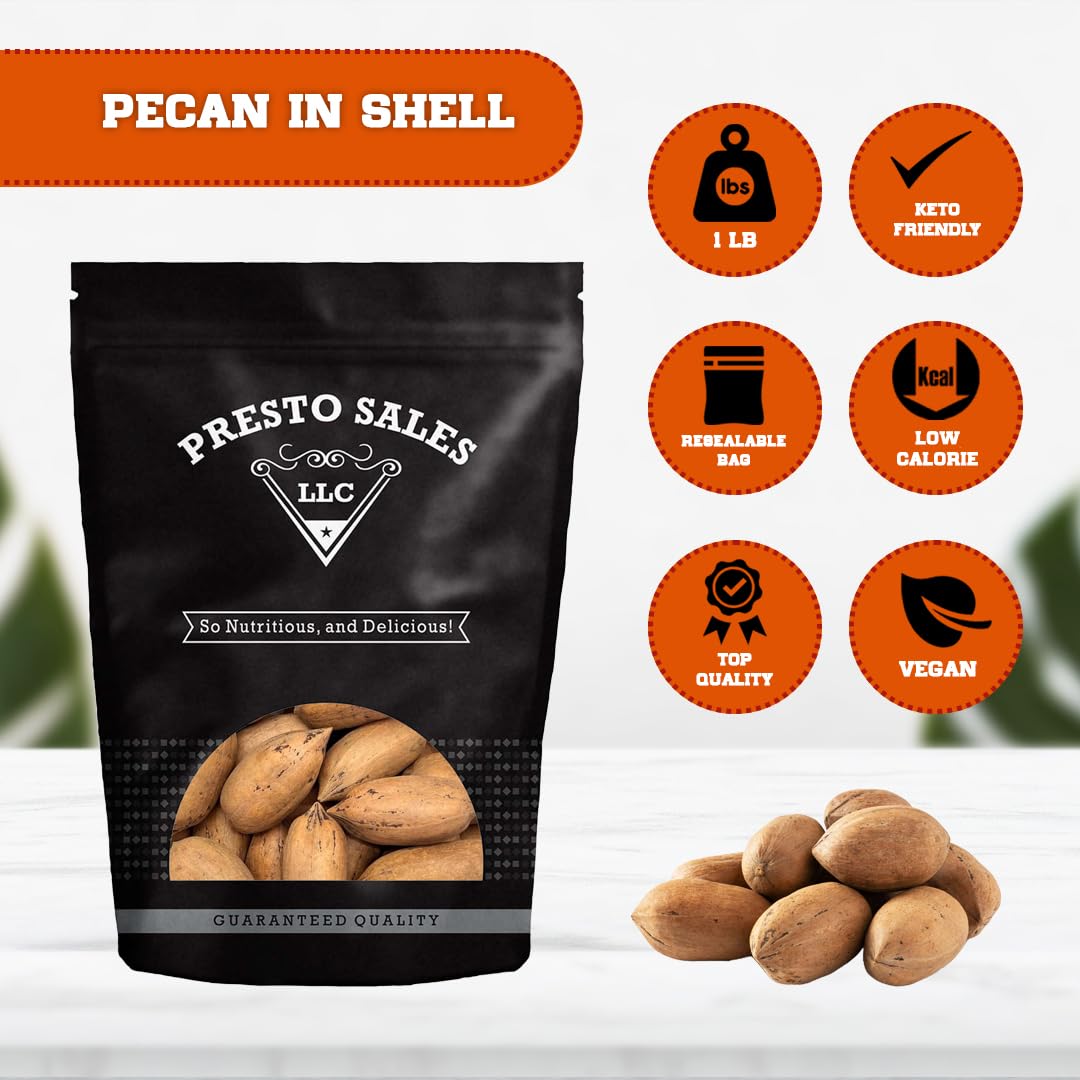 Pecans, Flavorful in shell, Unshelled Fresh, Easy to crack, Healthy snack, Dietetic, Vegan, Calcium, Packed in a resealable pouch bag of 1 lb. (16