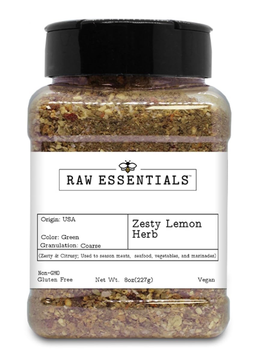 Raw Essentials Zesty Lemon Herb - Zesty and Citrusy Flavor for Chicken, Fish, Veggies, Stir-Fries, & Marinades - Non-GMO, Gluten-Free, Vegan - 8 Ounce
