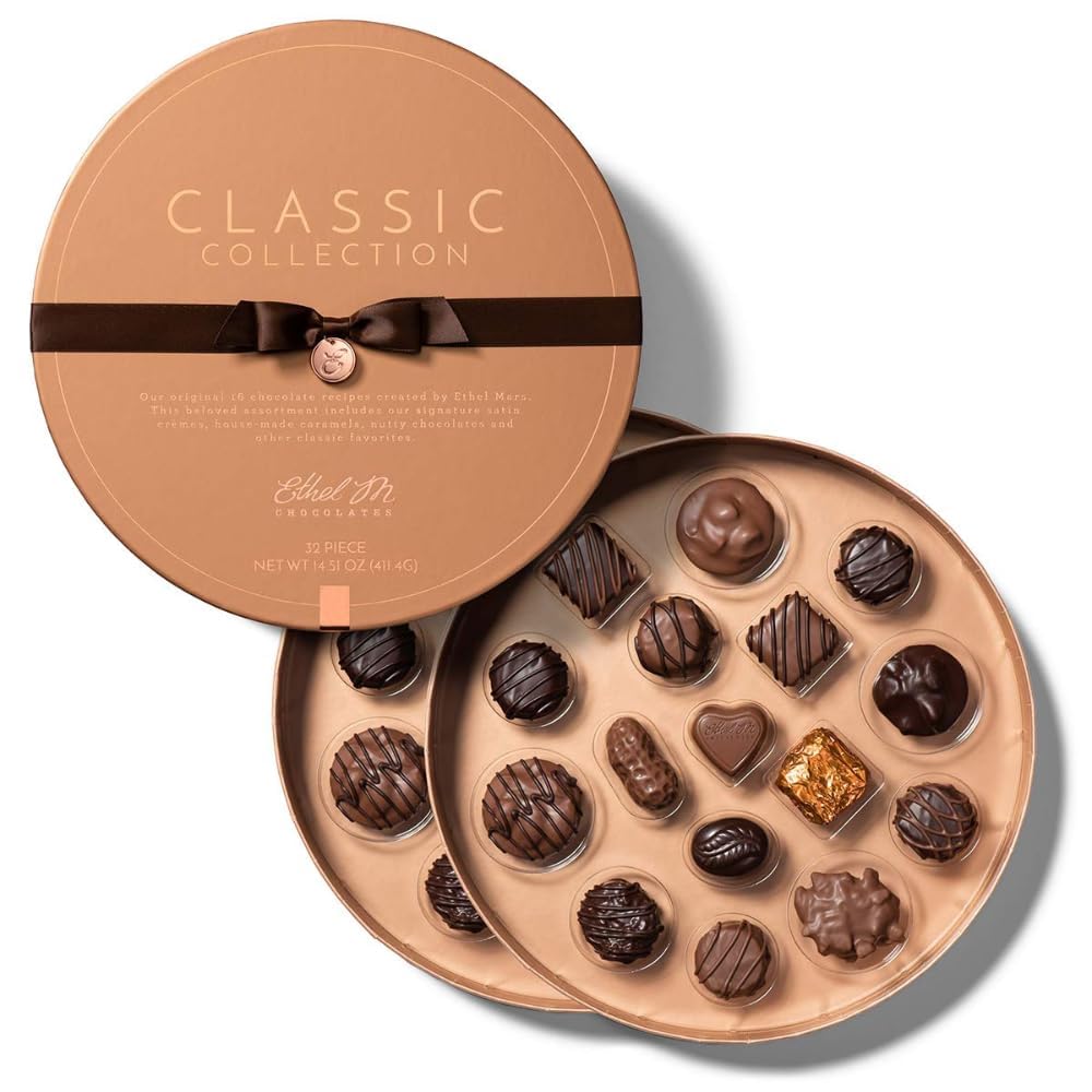 Ethel M Chocolates Classic Collection 32 Piece Premium Milk and Dark Chocolate Assortment in Round Copper Gift Box - Chewy Caramel, Macadamia, Pecan