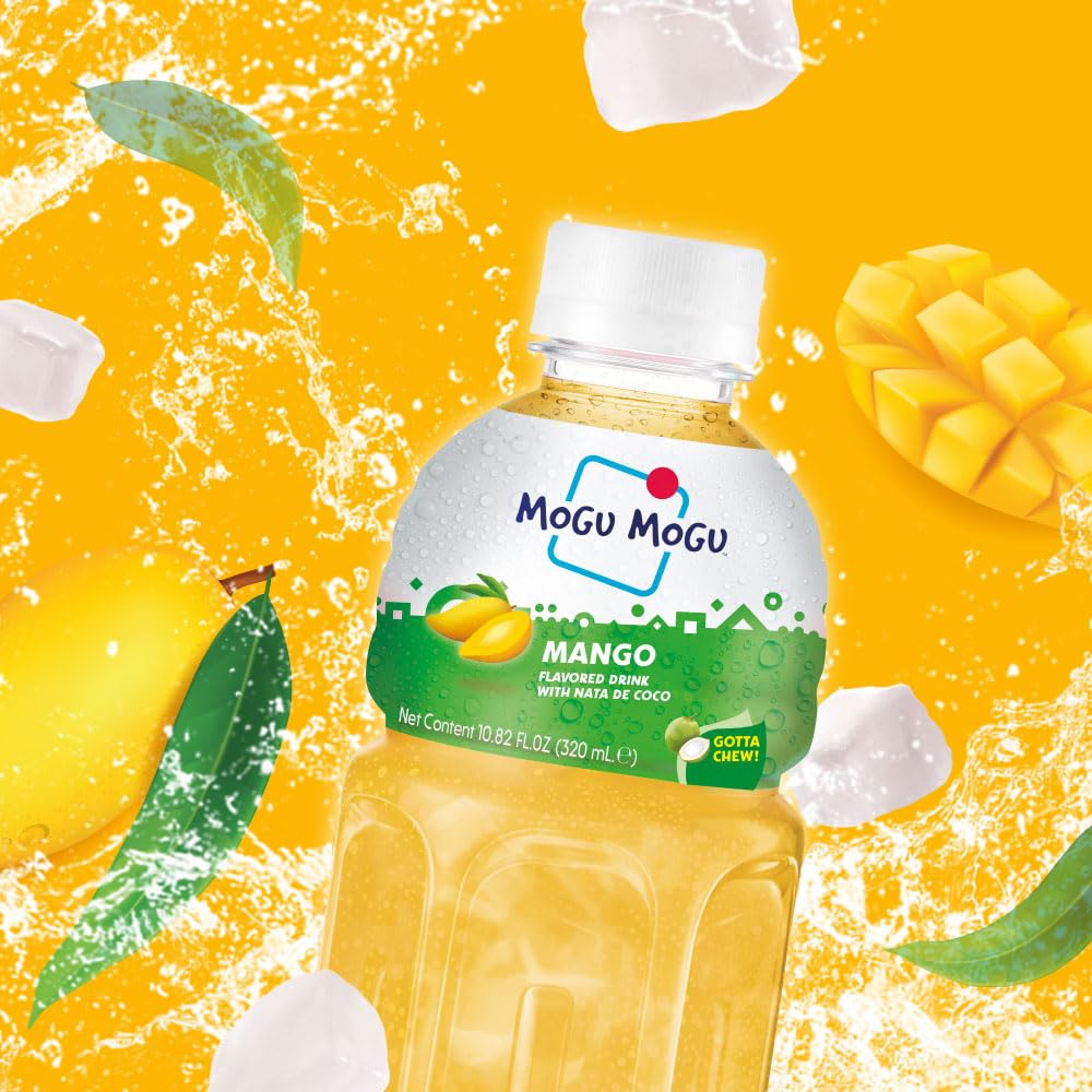 Mogu Mogu Mango Juice Drink with Nata de Coco (Coconut Jelly) - Chewy Fruit Beverage for Kids & Adults, 6 Pack Bottles, 10.82 fl oz Each