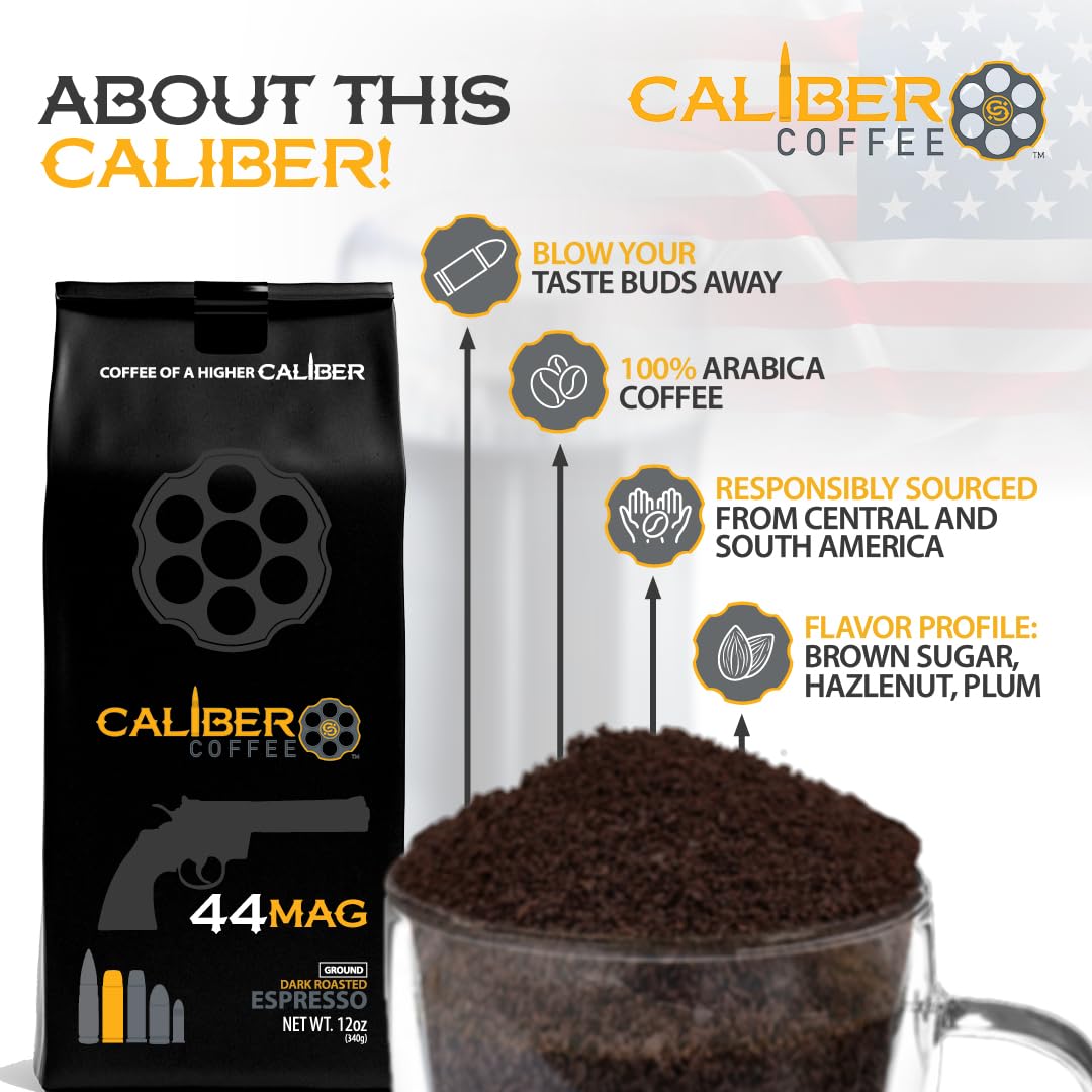 Caliber Coffee .44 Mag, Whole Bean Espresso Roast - Bold, Smooth, Rich Crema Flavors - 100% Artisan Roasted Arabica Coffee - Small-Batch, Hand-Crafted
