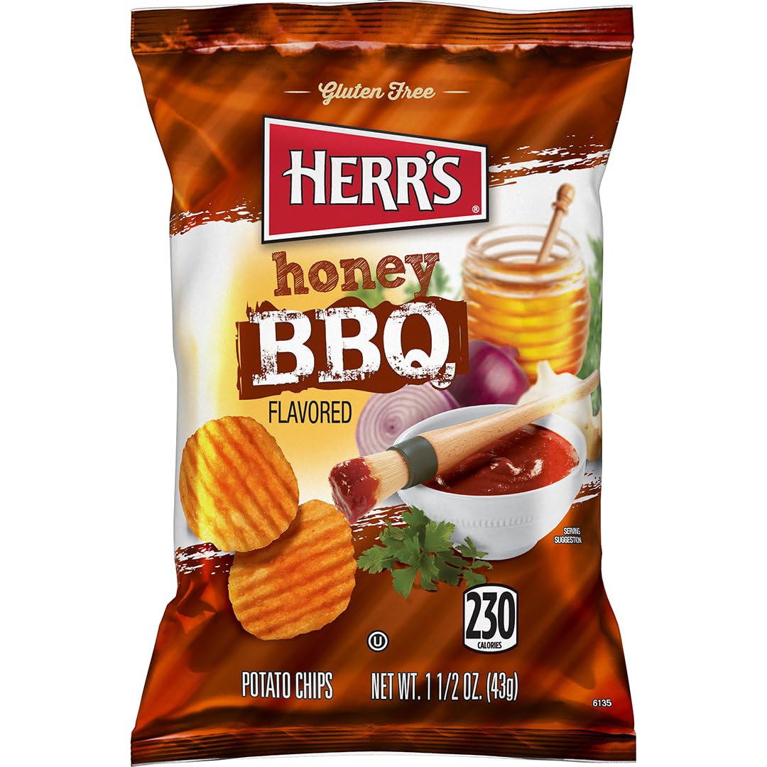 Herr's Honey BBQ Potato Chips, 1.5 Ounce (Pack of 24 Bags) - Sweet and Smoky Potato Chips - Perfect for School, Work, and Snack Time