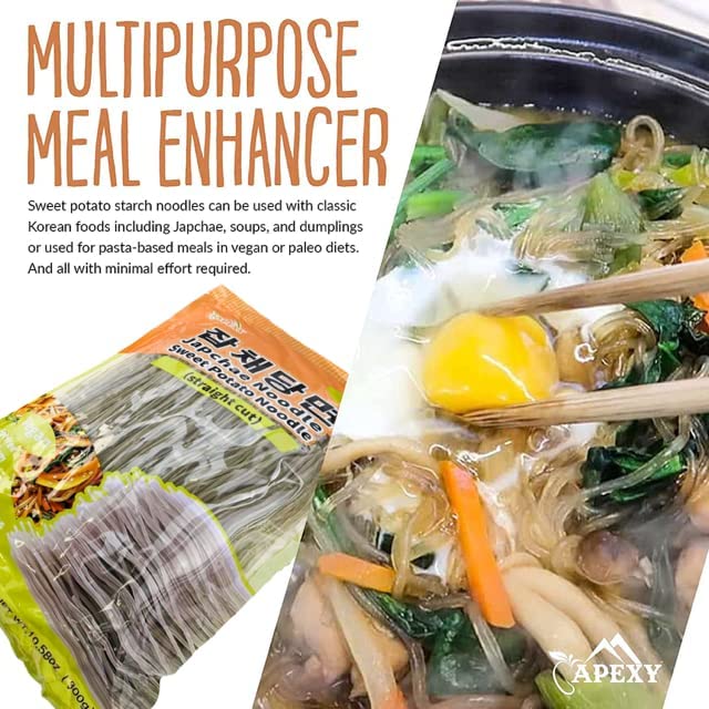 APEXY Sweet Potato Glass Noodles Straight Cut, Japchae Noodles, Korean Vermicelli Pasta, Fat-free and Gluten-free, 100% Sweet Potato Starch, No