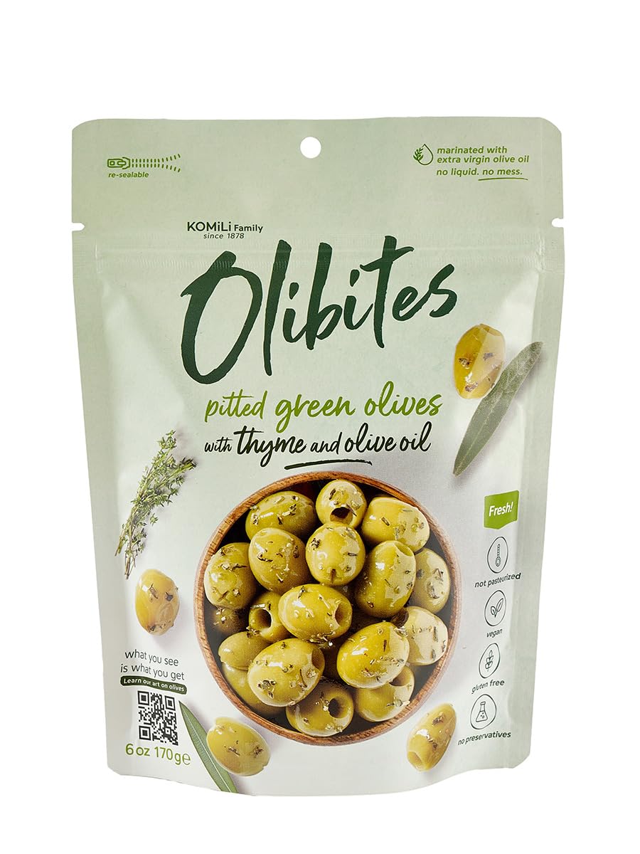 Olibites Pitted Olives - Fresh Olives Marinated in Extra Virgin Olive Oil (6 oz, Thyme & Olive Oil)