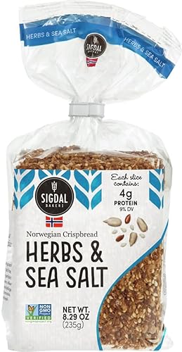 Sigdal Bakeri Herbs & Sea Salt Norwegian Wholegrain Crispbread | All Natural Non-GMO, 8.29 oz (235g) (Pack of 12)