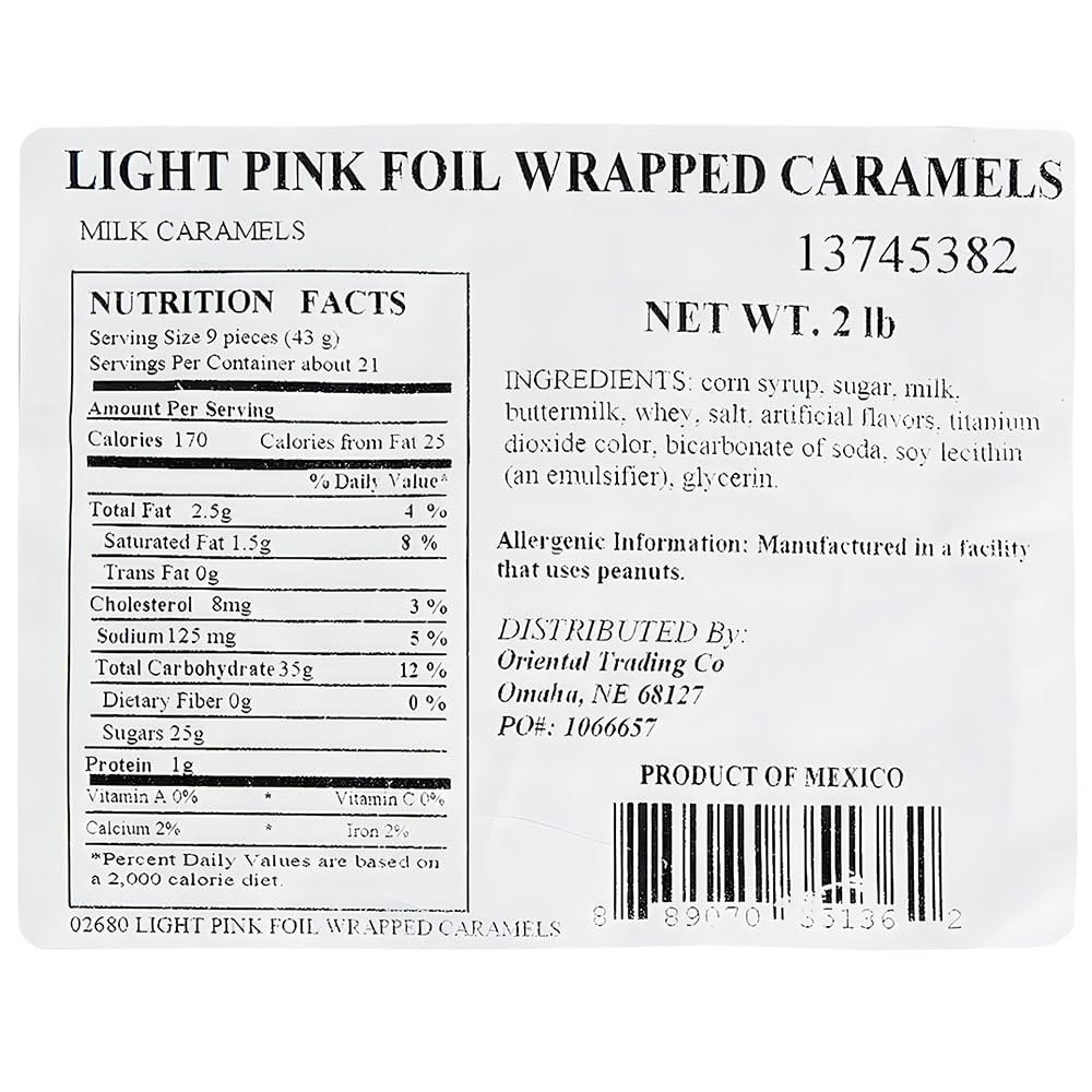 Fun Express Light Pink Foil Wrapped Caramels Candy Bulk 2lb Bag - Soft Chewy Caramel Chews Individually Wrapped for Wedding Candy Buffet | Premium