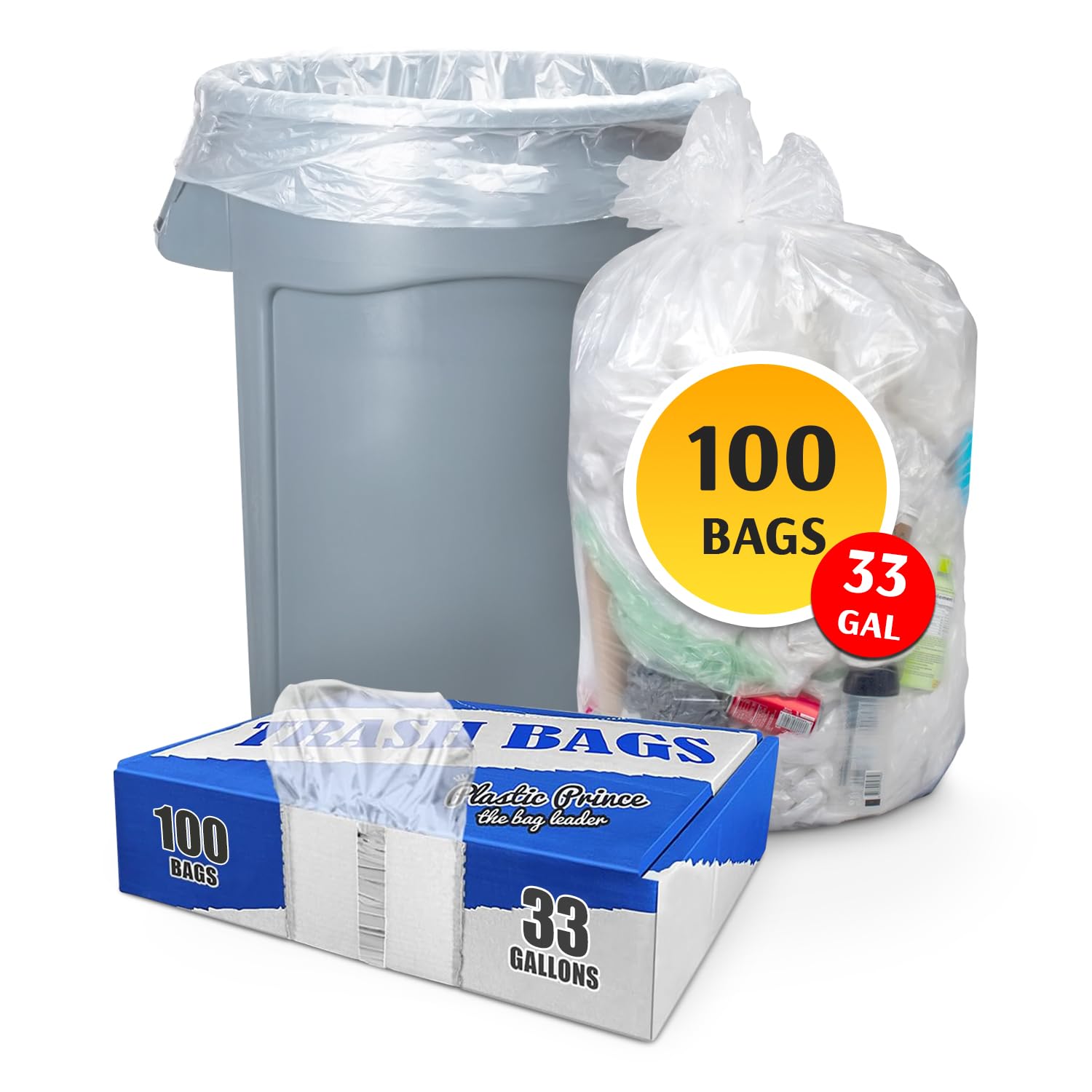 PLASTIC PRINCE (100 Pack) 30-33 Gallon Trash Bags, 1.5 Mil, Heavy Duty, Fits Round and Square 30-33 gal Trash Cans, 33" x 39" Garbage Trash Can Liners