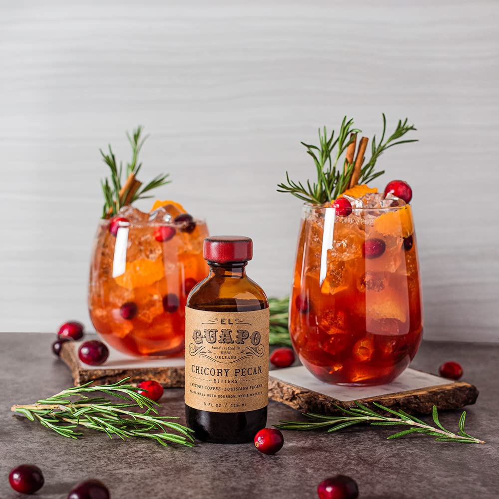 El Guapo Chicory Pecan Bitters 118ml - Handcrafted Aromatic Coffee & Pecan Flavor for Cocktails - Alcohol Free Award Winning Southern Specialty