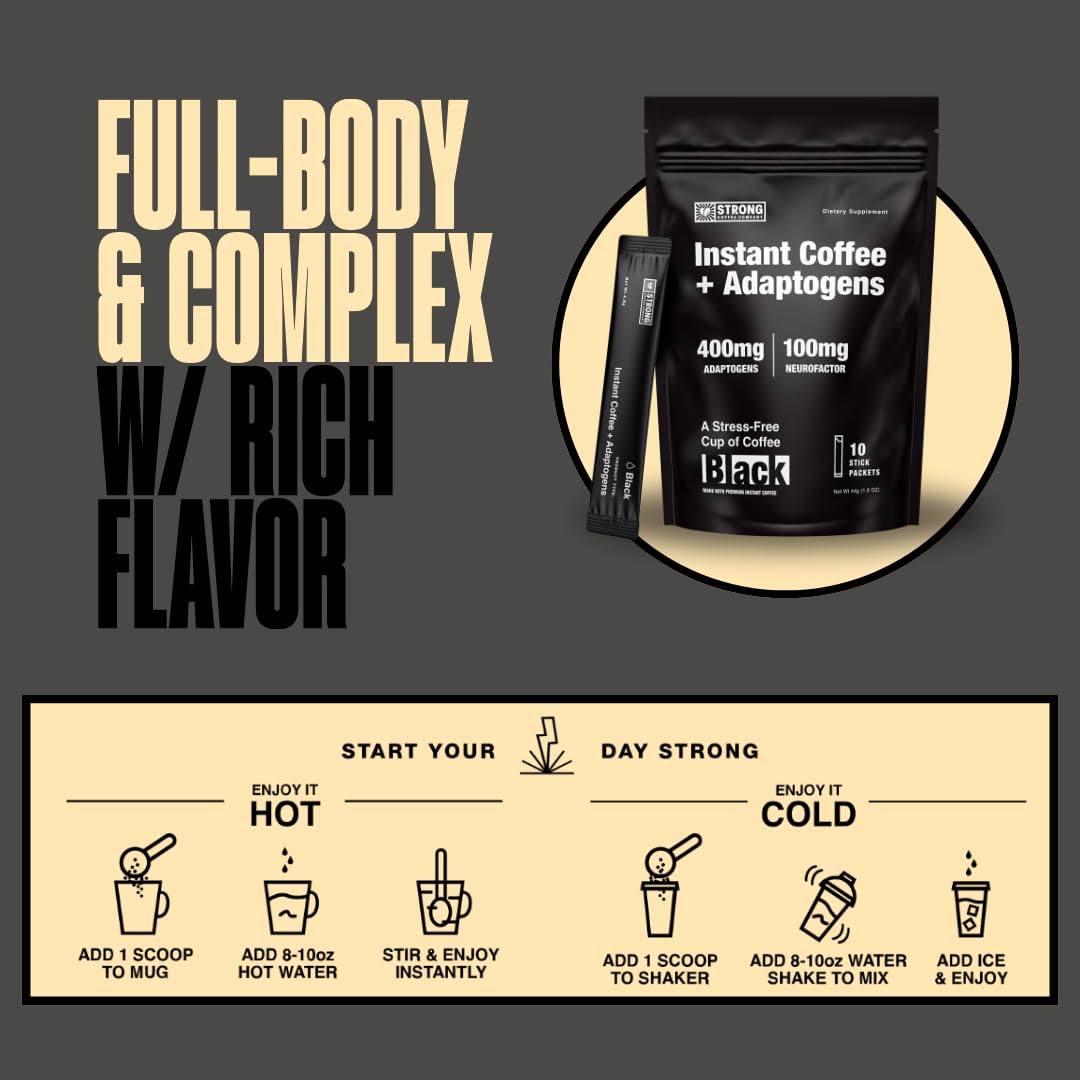 Strong Coffee Co. Instant Black Coffee | Premium Organic Coffee with Nootropics & Adaptogens, NeuroFactor®, L-Theanine, Ashwagandha, Reishi & MCT Oil