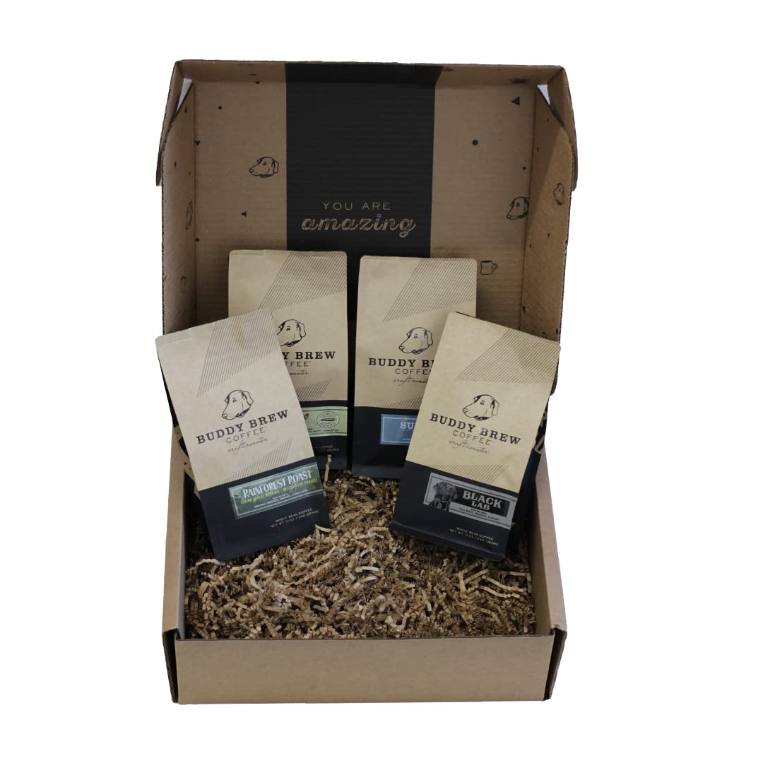 Buddy Brew Coffee, Medium Roast Whole Bean - The Classics - 4-Pack - Double Dog, Old Florida, Brazil, Ethiopia - Ships within 24 hours of order