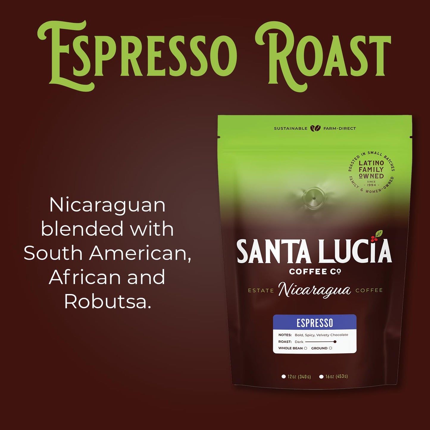 Santa Lucia Coffee Café Crema Espresso Roast Coffee - Specialty Volcanic Nicaraguan Espresso Roast - Farm-Direct, Low-Acid - Dense Golden Crema