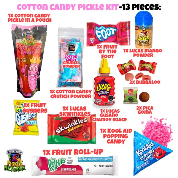 Cotton Candy Pickle Kit (PINK)-Tiktok Candy Gift Pouch (13 Pcs)-Gifts For Teens, Kids From Tiktok w Fruit Roll ups, skwinkles salsagheti Mexican candy