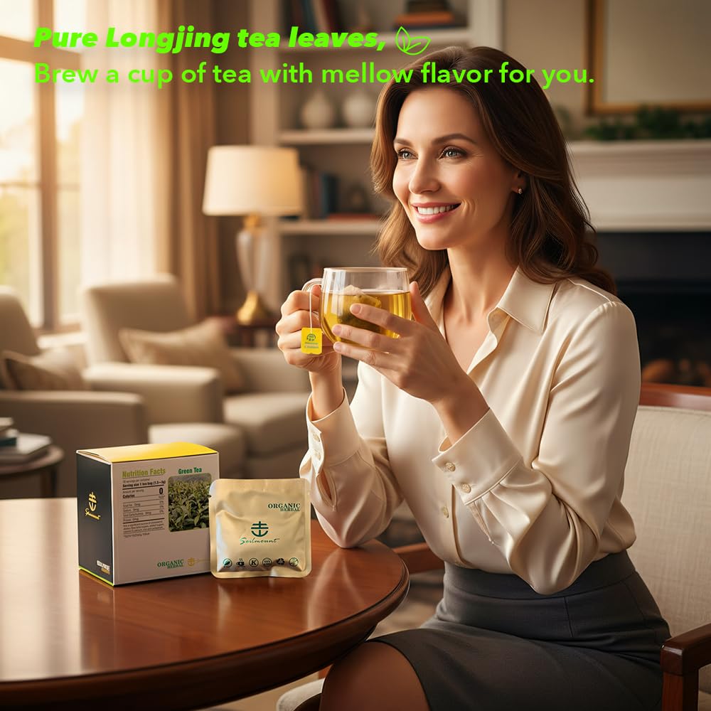 Soilmount Organic Longjing Tea - Chinese Green Tea - 18 Individually Wrapped Packets - Fresh Aroma, Balanced Sweetness, Suitable for Hot or Iced Tea