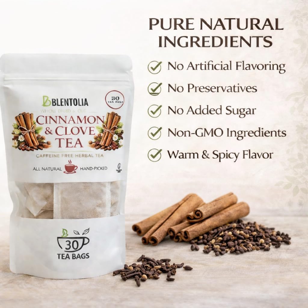 Blentolia Cinnamon & Clove Herbal Tea Bags - Caffeine-Free, All Natural, Whole Dried & Cut Spices - 30 Tea Bags