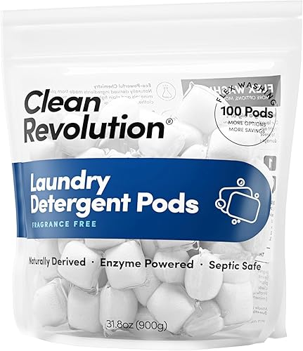 Clean Revolution, All Natural, Enzyme Powered Laundry Detergent Pods, Fragrance Free, 100 Pods, Sensitive Skin, HypoAllergenic Laundry Soap, Septic