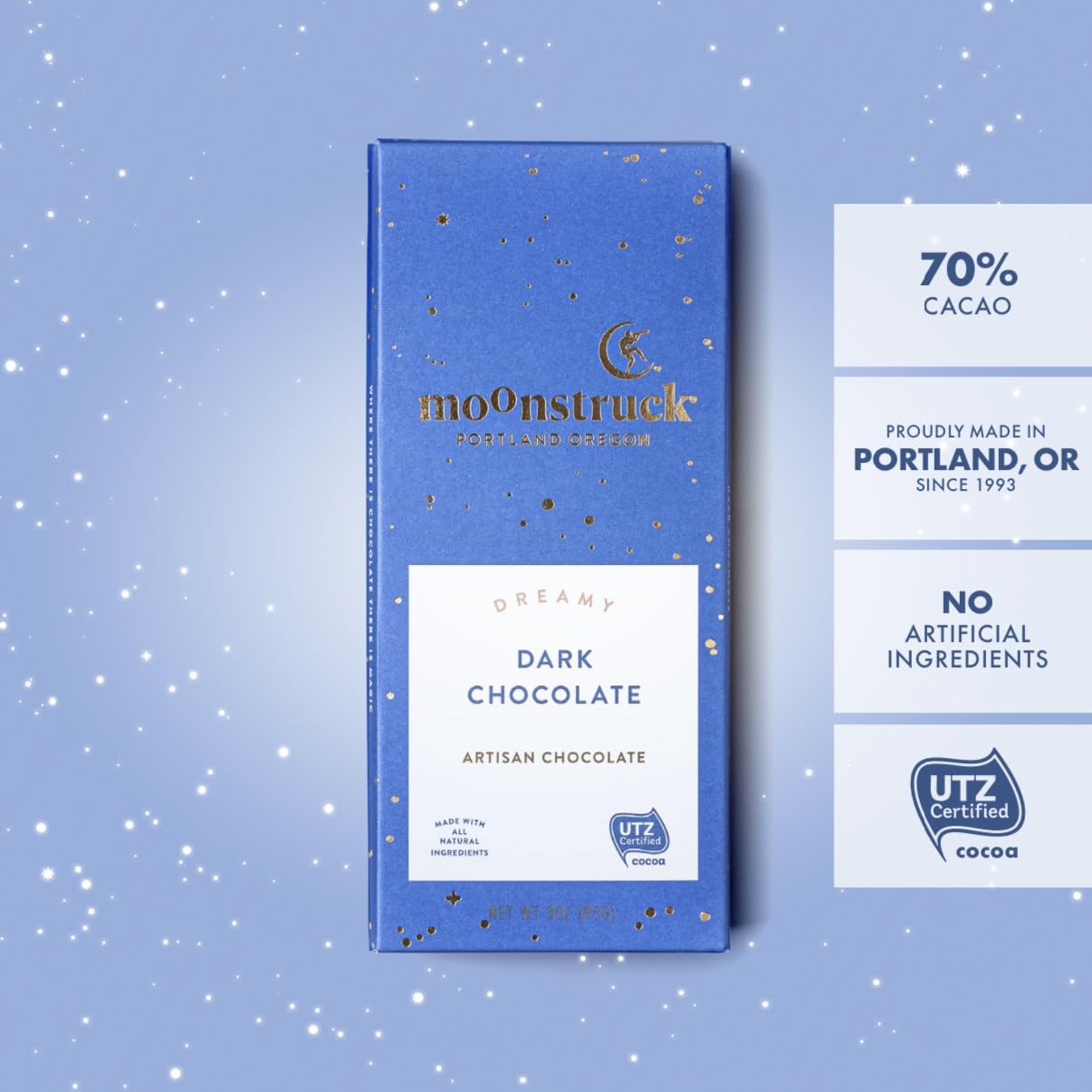 Moonstruck Chocolate Dark Chocolate Bar, 68% Cacao, 3.0oz (Pack of 1)