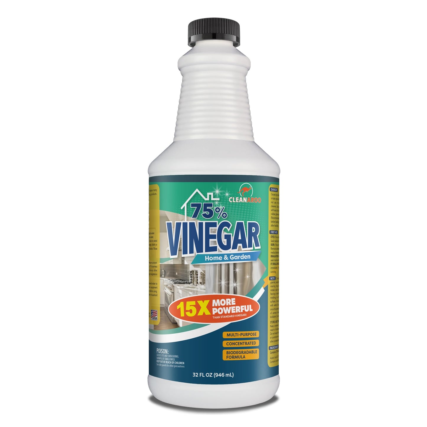 Cleanaroo 75 Percent Concentration Vinegar, All-Natural Multipurpose General Cleaner, 32 Fl Oz