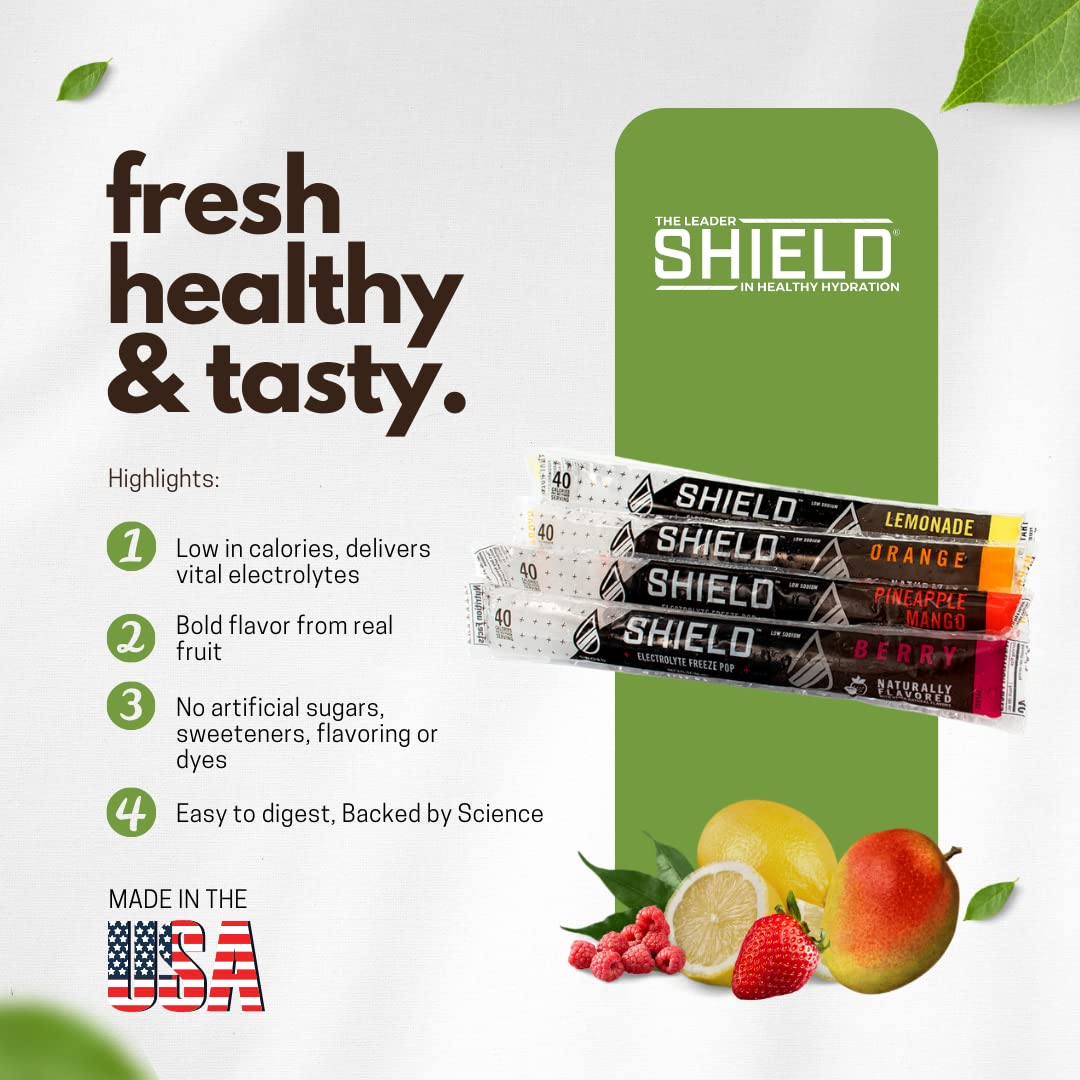 SHIELD Electrolyte Healthy Freeze Pops (3fl.oz) Variety of Natural Flavors from Real Fruit, Clear No Dyes No Artificial Sweeteners, Great Tasting