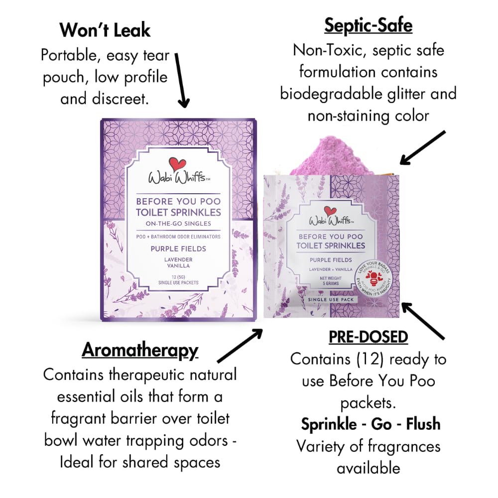 Wabi Whiffs On-the-Go Toilet Sprinkles Singles - Purple Fields (12 Count) | Natural Bathroom Deodorizer | Odor Eliminator Packets for Freshness