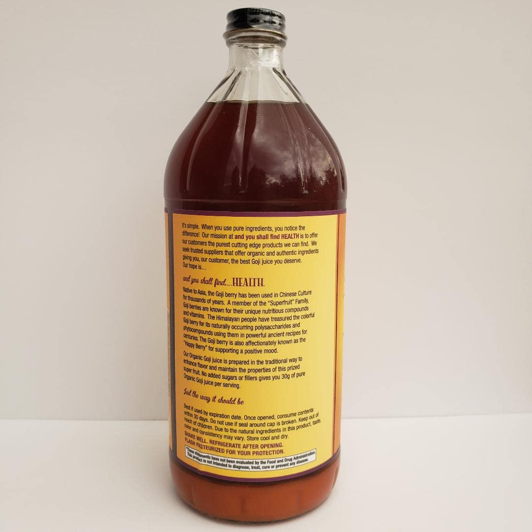 Organic Only GOJI Fruit Juice 100% Pure Puree 32oz (1qt) GLASS Bottle - The Happy Berry Vitamin Rich Super Juice Traditionally Prepared - 30g Goji