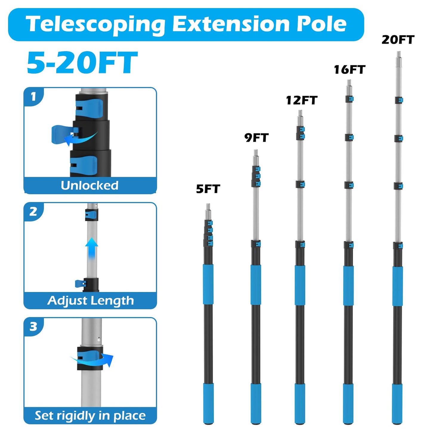 26FT Reach Cobweb Duster with Extension Pole - Spider Web Brush for Cleaning with 5-20FT 4-Section Flip-Lock Telescopic Pole, Effortlessly Cleans High