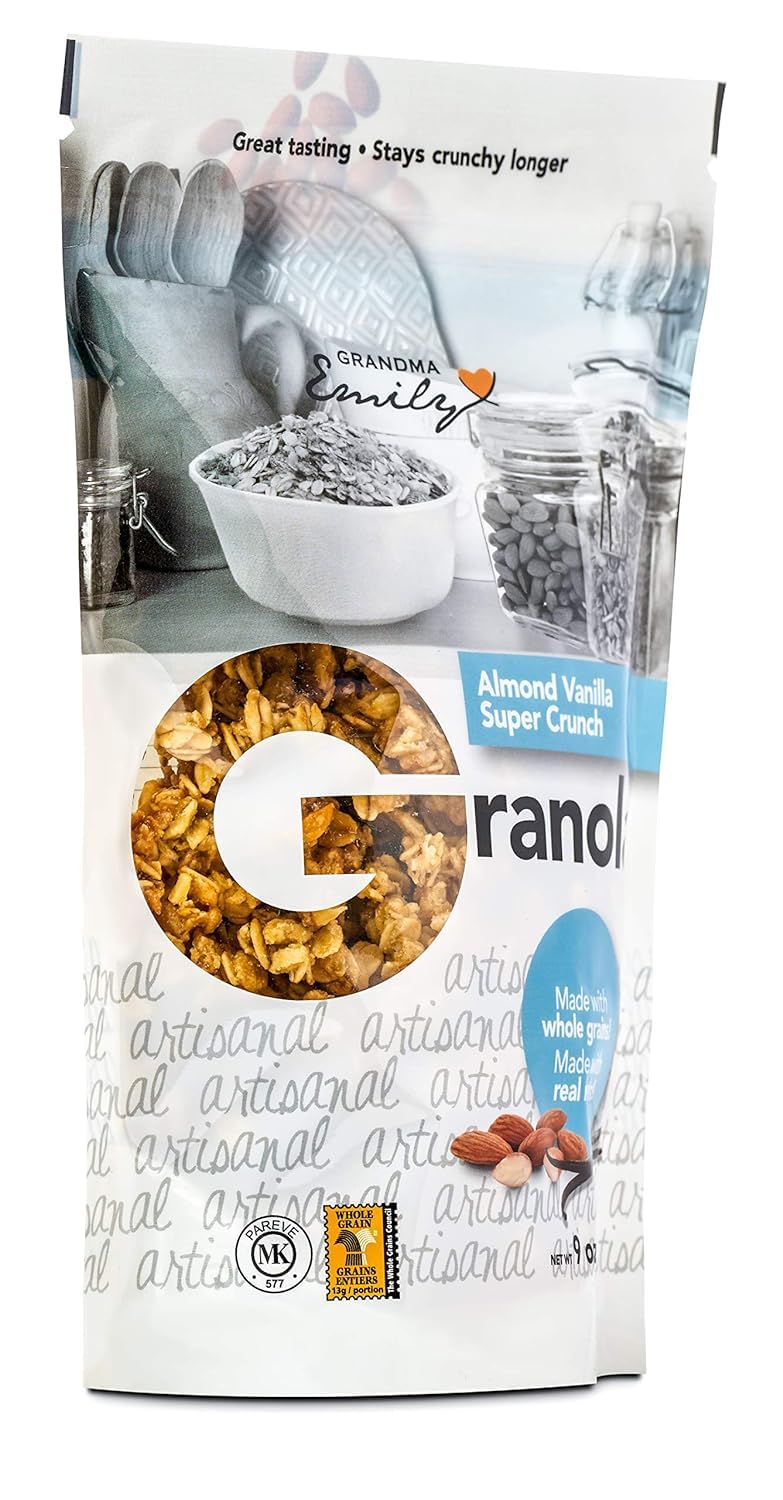 Grandma Emily Almond Vanilla Super Crunch Granola Custer Cereal with Rolled Oats, Brown Sugar, Puffed Rice, and Almonds, 9 ounces (Pack of 2)