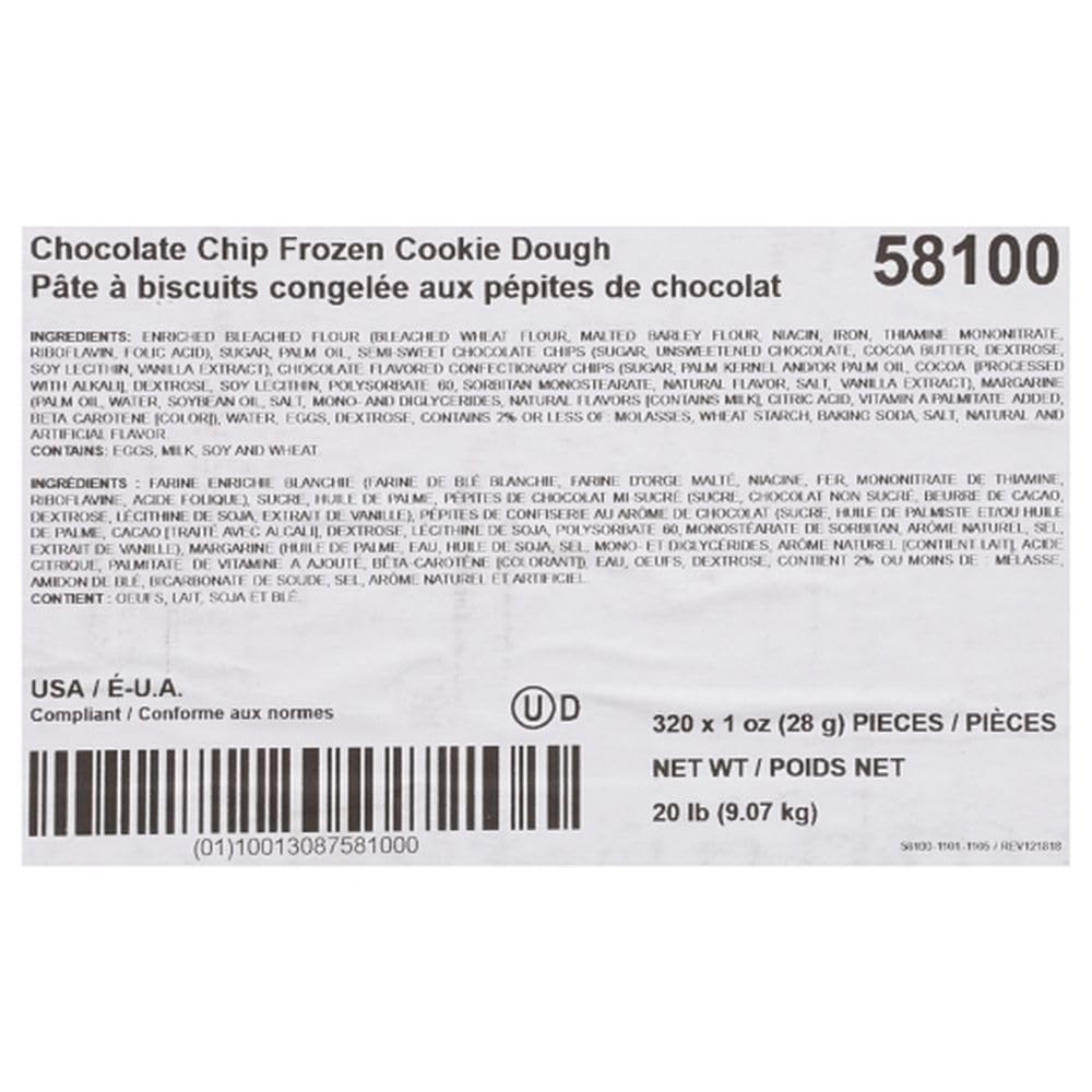 Otis Spunkmeyer Value Zone Chocolate Chip Frozen Cookie Dough - Ready to Bake, 1 Oz Pre-portioned Pieces, 320 Count Bulk Case