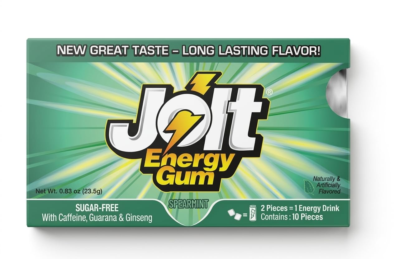 Jolt Energy Gum - Spearmint | The OG energy gum | With Caffeine, Guarana & Ginseng | 120 Sugar-Free pieces | Tastes good like a mint gum should | It's