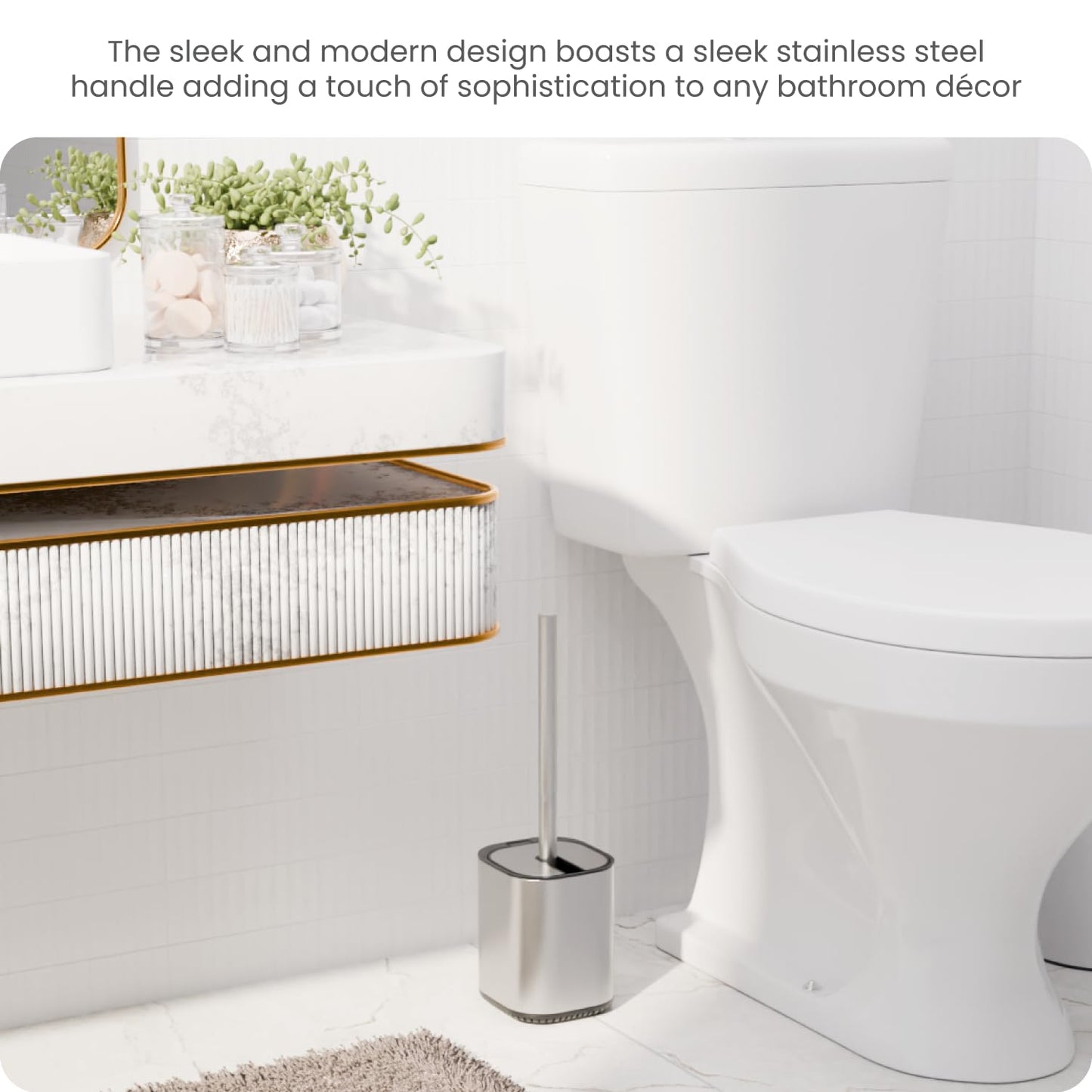 Home Zone Living Toilet Brush with Automatic Lid and Stainless Steel Handle, Compact Bathroom Cleaning Tool