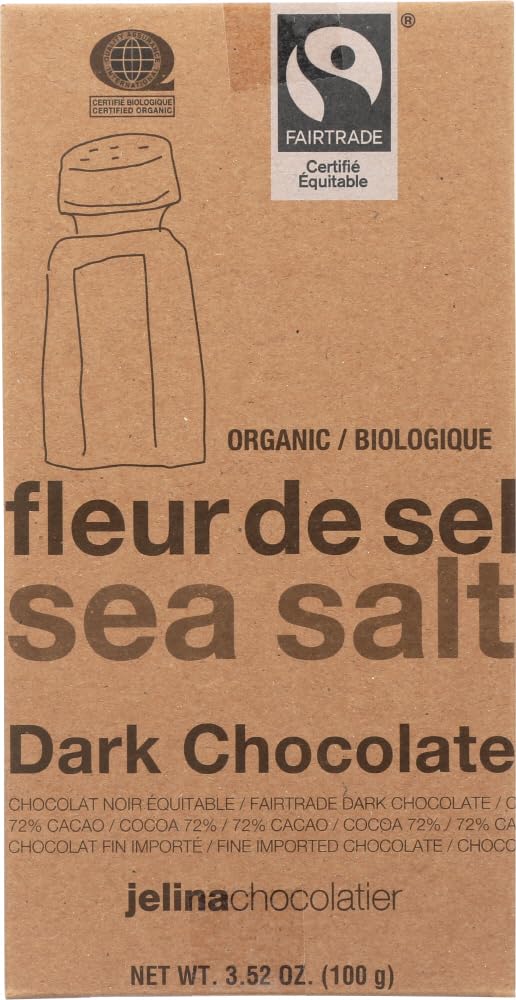Jelina Chocolatier Organic Fair Trade Chocolate Bar - Sea Salt 72% Dark Chocolate, 3.52 Oz