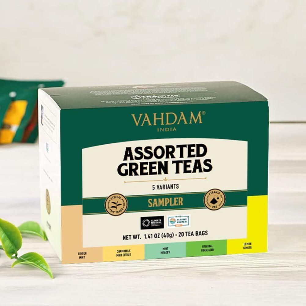 VAHDAM, Assorted Green Tea Bags Sampler (5 Flavors, 20 Ecofriendly Pyramid Tea bags) I Gift Ideas for Women & Men | Himalayan Green Tea Varieties |