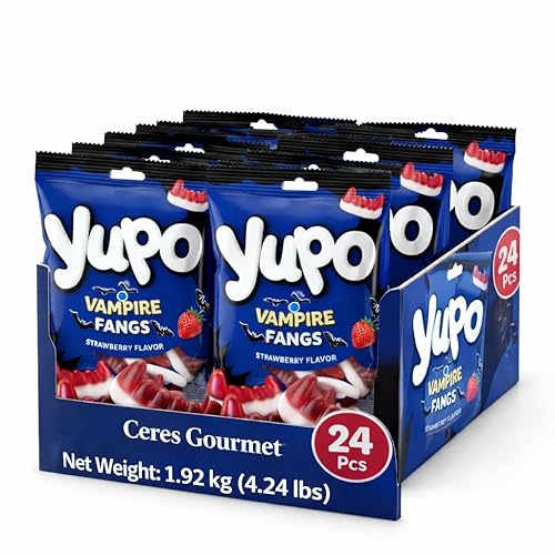 Ceres Gourmet Vampire Teeth Gummy Bulk Candy 24 Pack (2.82 oz Each) Individual Packets, Strawberry Flavored Chewy Dracula Gummies, Big Size Gummi
