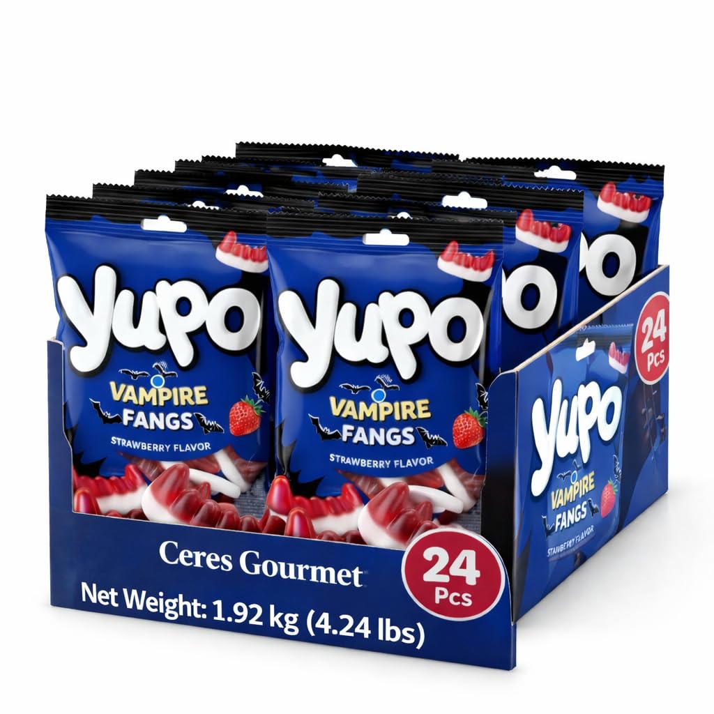 Ceres Gourmet Vampire Teeth Gummy Bulk Candy 24 Pack (2.82 oz Each) Individual Packets, Strawberry Flavored Chewy Dracula Gummies, Big Size Gummi