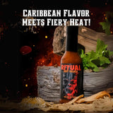 HELLFIRE RITUAL CARIBBEAN SPICED RUM-INFUSED HOT SAUCE. A TASTE OF THE ISLANDS TRINIDAD SCORPION, 7-POT PRIMO & ORANGE HABANERO PEPPERS BRING
