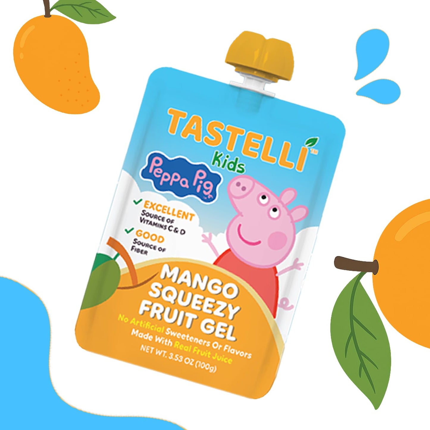 Tastelli Peppa Pig Kids Squeezy Fruit Gel - Mango Flavor - No Artificial Sweeteners or Flavors, Made with Real Fruit Juice, Fiber-Rich Prebiotic Gut