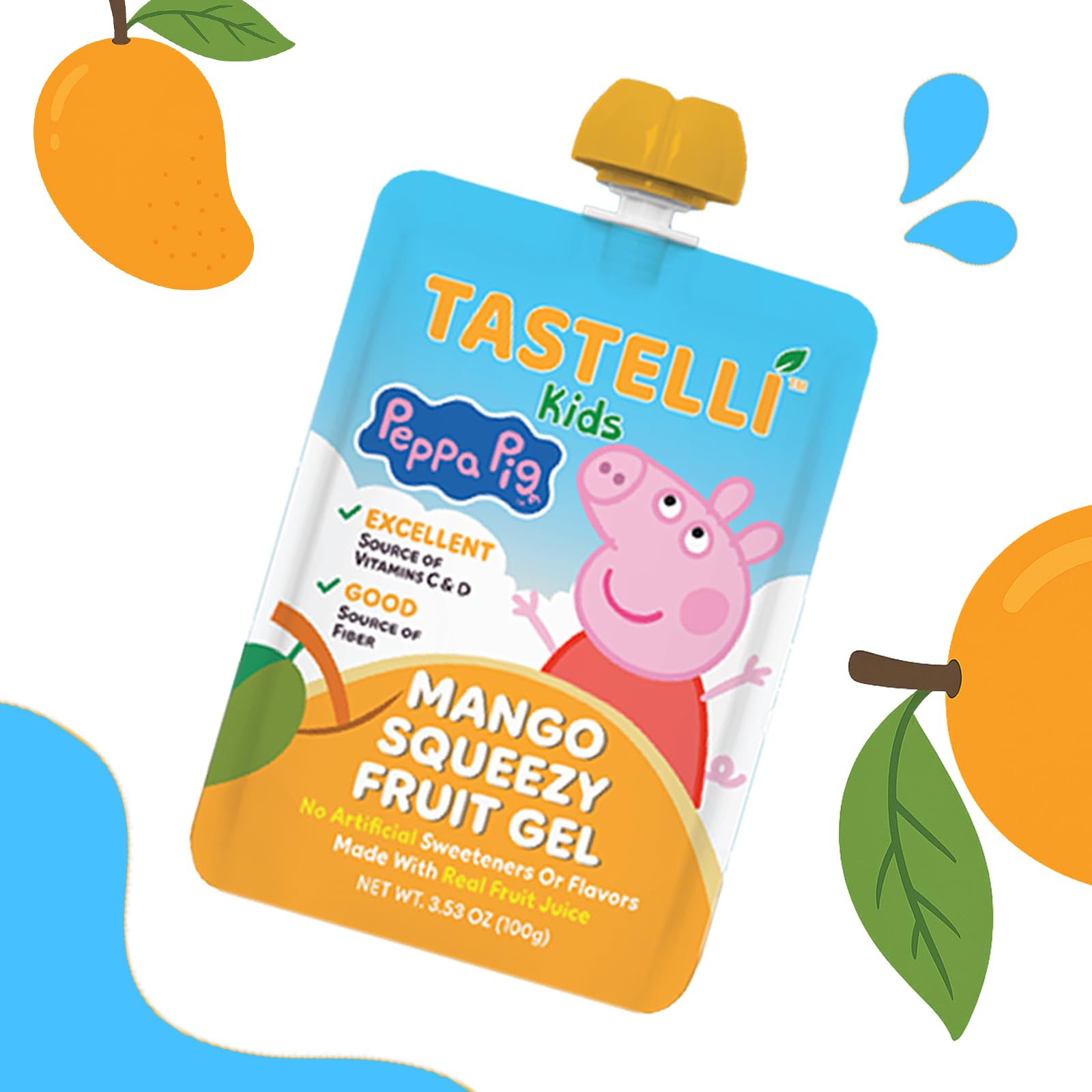 Tastelli Peppa Pig Kids Squeezy Fruit Gel - Mango Flavor - No Artificial Sweeteners or Flavors, Made with Real Fruit Juice, Fiber-Rich Prebiotic Gut