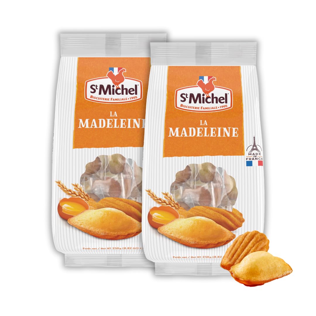 St Michel Traditional Madeleines French Sponge Cakes Made In France, Pack of 2 (250g each) Non-GMO. Total of 20 Individually Wrapped All Butter
