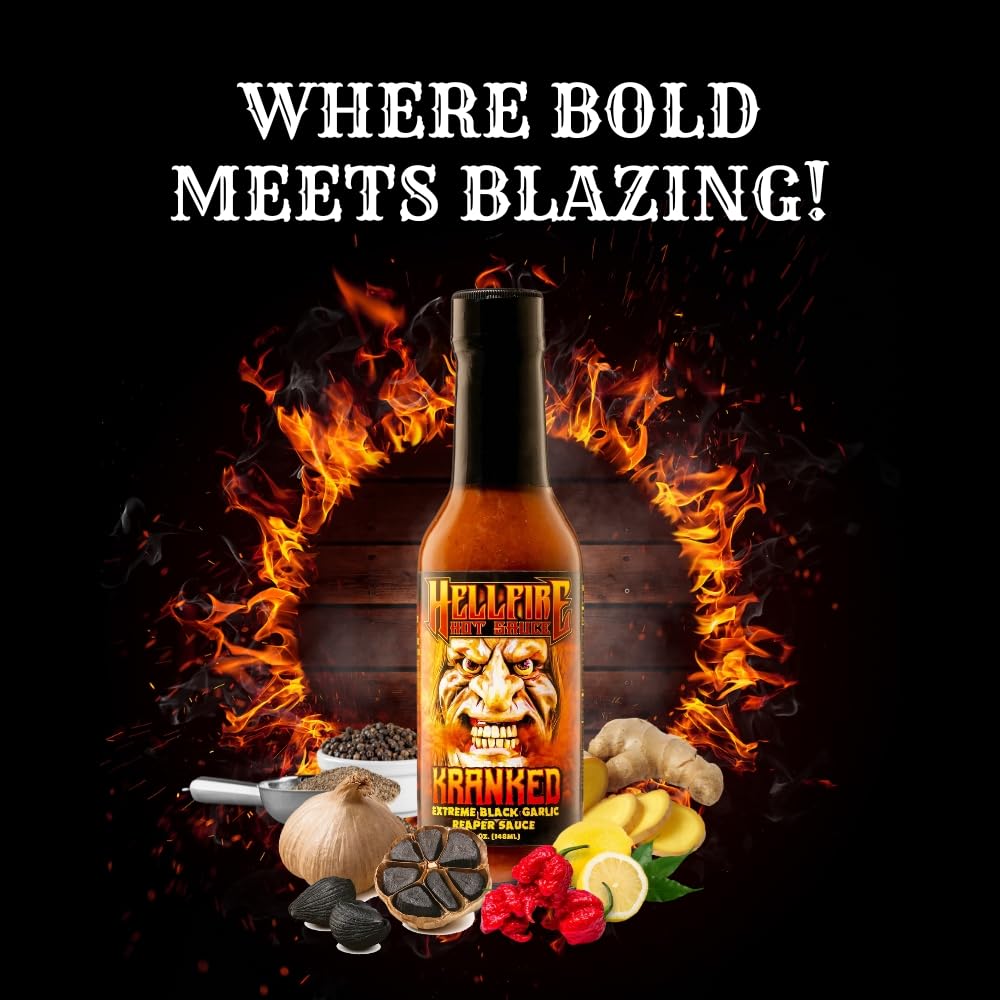 Hellfire Hot Sauce Kranked - Black Garlic and Carolina Reaper Gourmet Hot Sauce, Featured on Hot Ones TV Show, 5 oz.
