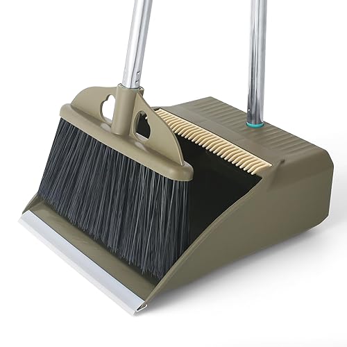 Upgrade Broom with Dustpan Combo Set,48'' Long Handle Stiff Broom Bristles with Heavy Duty Dust Pan,Indoor Outdoor Easy Sweeping for Kitchen Lobby